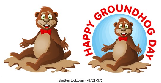 Hapy Groundhog day. Funny cartoon groundhog congratulates you. Cartoon styled vector illustration. Elements is grouped. No transparent objects.