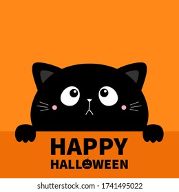 Hapy Halloween. Cat kitten kitty black silhouette holding paper. Paw print. Cute kawaii cartoon sad character. Baby greeting card tshirt notebook cover. Orange background. Flat design. Vector