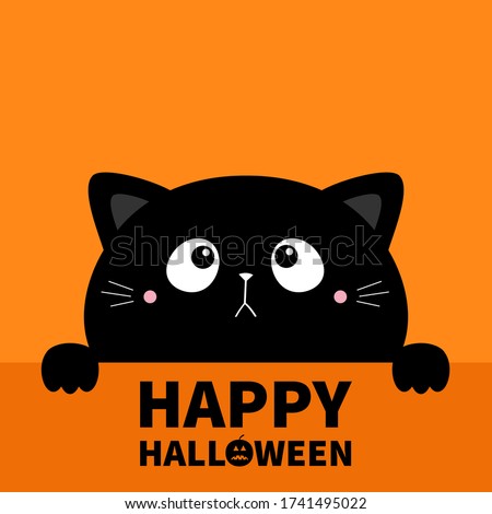 Hapy Halloween. Cat kitten kitty black silhouette holding paper. Paw print. Cute kawaii cartoon sad character. Baby greeting card tshirt notebook cover. Orange background. Flat design. Vector