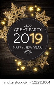 Hapy New 2019 Year Poster Template with Shining Snowflakes on Wood Texture. Vector illustration