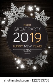 Hapy New 2019 Year Poster Template with Shining Snowflakes on Wood Texture. Vector illustration