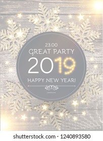 Hapy New 2019 Year Poster Template with Shining Snowflakes on Wood Texture. Vector illustration