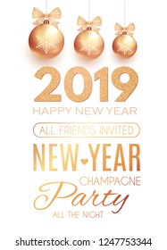 Hapy New 2019 Year Poster Template with Gold and Glossy Balls with Bows. Vector illustration