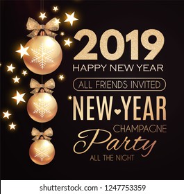 Hapy New 2019 Year Poster Template with Gold and Glossy Balls with Bows. Vector illustration