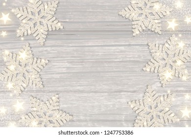 Hapy New 2019 Year Poster Template with Shining Snowflakes on Wood Texture. Vector illustration