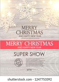 Hapy New 2019 Year Poster Template with Shining Snowflakes on Wood Texture. Vector illustration