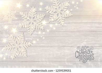 Hapy New 2019 Year Poster Template with Shining Snowflakes on Wood Texture. Vector illustration