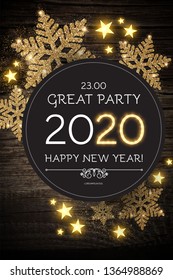 Hapy New 2020 Year Poster Template with Shining Snowflakes on Wood Texture.