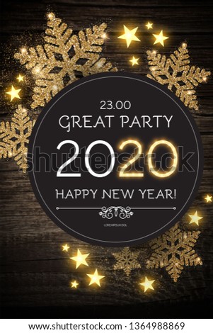 Hapy New 2020 Year Poster Template with Shining Snowflakes on Wood Texture.