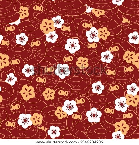 Hapy New Year. 2025 Year of the Snake Lunar New Year's card template with snake pattern. Red and gold Chinese New Year vector pattern.
