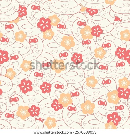 Hapy New Year. 2025 Year of the Snake Lunar New Year's card template with snake pattern. Red and gold Chinese New Year vector pattern.