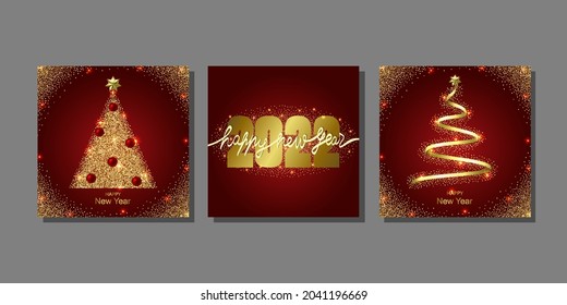 Fantásticas tarjetas de Año Nuevo con árboles de navidad abstractos de oro