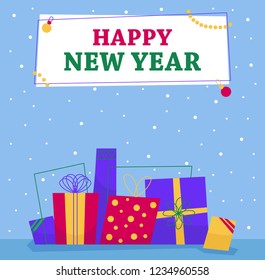 Hapy New Year. Gifts colored in the snow. Blue background. Vector flat illustration.