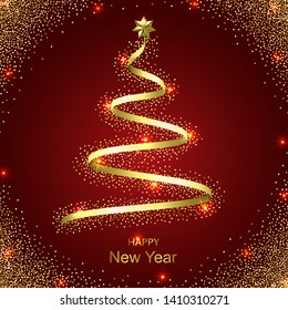 Hapy New Year with gold abstract christmas tree