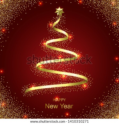 Hapy New Year with gold abstract christmas tree