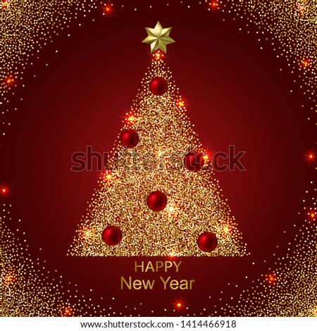 Hapy New Year with gold abstract christmas tree