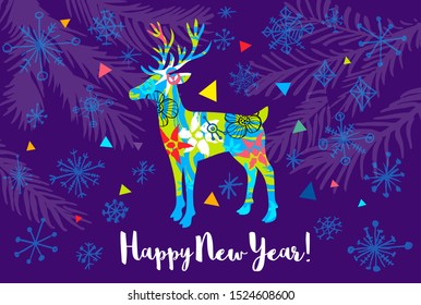 Hapy New Year lettering greeting card. Christmas tree branch colorful deer decor. Seasons decoration snowflakes design pattern, packaging, cover, banner. Hand drawn vector illustration.