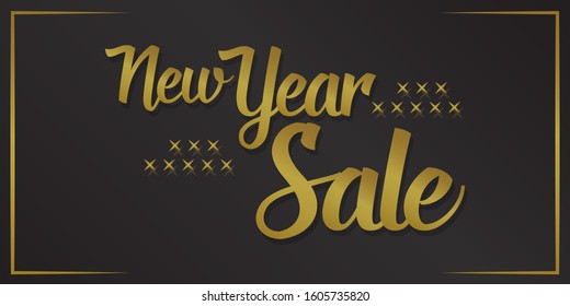hapy new year sale banner with gold text and black background, luxury and promotional. vector ilustration