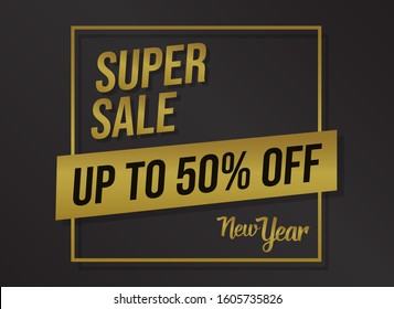 hapy new year sale banner with gold text and black background, luxury and promotional. vector ilustration