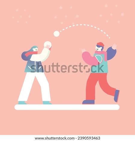 hapy people play snowballs, trendy minimalist flat characters, flat design, vector