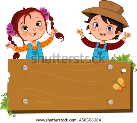 Hapy two farm children with a blank wooden sign.