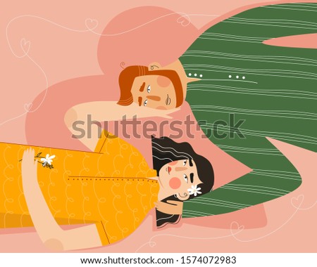 Hapy Valentine's day illustration for poster, congratulation card, flyer. Cute romantic couple in love hugging with hearts on the background. Love story, 14 febuary relationship, family vector concept
