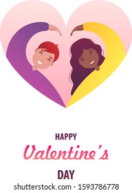 Hapy valentine's day vector illustration. Wish card. Man and woman smile and make heart gesture with hands.  