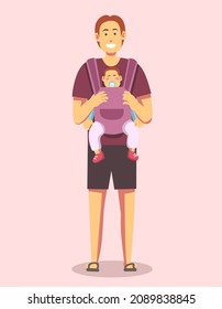 Hapyy Daddy Holding His Baby In A Baby Carrier