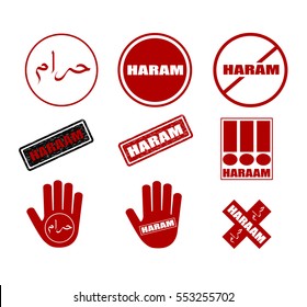 Haraam simple icon set. Vector warning illustration. Haram prohibited products for muslims. Isolated on white illustration.