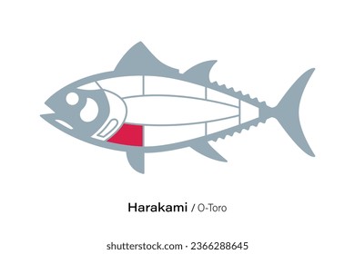 Harakami O-Toro. Tuna Cuts line diagram.  Japanese style