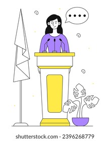 Harangue of woman outline concept. Young girl with stand for public speeches. Public seaker and orator at press conference. Politician perform with mic. Linear flat vector illustration