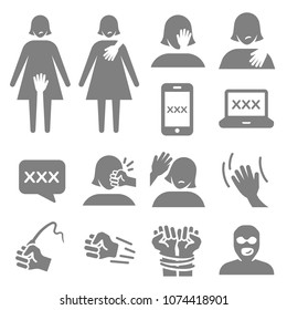 Harassment And Abuse Icon Set. Included The Icons As Victim, Sexual Harassment, Mobile, Website, Assault, Violent, Bitter, Inappropriate, Women And More.