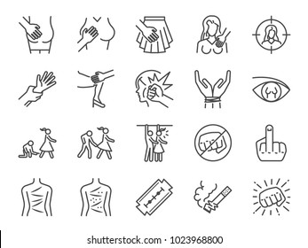 Harassment and abuse line icon set. Included the icons as victim, sexual harassment, molestation, assault, violent, inappropriate, women and more.