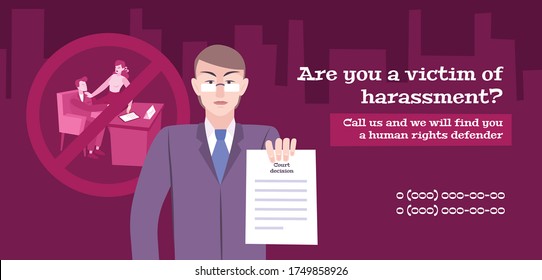 Harassment Complaint Law Flat Horizontal Banner With Composition Of Human Characters With Text And Phone Numbers Vector Illustration