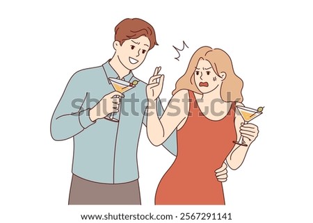 Harassment during party from man showing signs of attention to woman who does not want to communicate. Problem of harassment and crossing personal boundaries in bars due to alcohol consumption