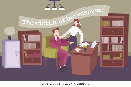 Harassment flat composition with indoor scenery office interior and boss harassing his secretary with editable text vector illustration