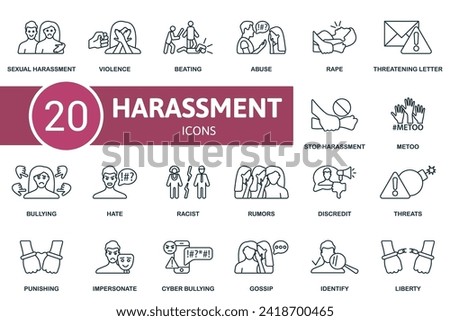 Harassment outline icons set. Creative icons: sexual harassment, violence, beating, abuse, rape, threatening letter, stop harassment and more