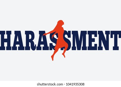 Harassment vector illustration, flat silhouette, banner danger at work, woman moving, blood, text, blue, white, red