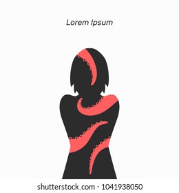 Harassment vector illustration, flat silhouette, banner danger at work, woman silhouette, tentacles octopus, entangled, grasped, smothering, black, white, red, rape, abused