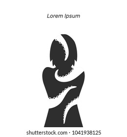 Harassment vector illustration, flat silhouette, banner danger at work, silhouette of woman, tentacles of octopus, entangled, grasped, smothering, black, white
