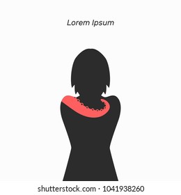 Harassment vector illustration, flat silhouette, banner danger at work, woman silhouette, tentacles octopus, entangled, grasped, smothering, black, white, red