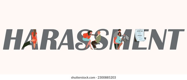 Harassment work composition of flat text and doodle characters of employees and bosses into conflict situations vector illustration