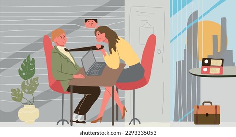 Harassment at work flat composition with indoor office scenery and female boss pulling male employees tie vector illustration