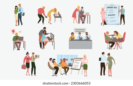 Harassment at work flat set of isolated compositions with doodle style coworkers characters abusing each other vector illustration