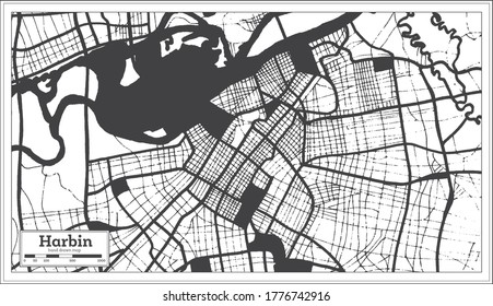 Harbin China City Map in Black and White Color in Retro Style. Outline Map. Vector Illustration.