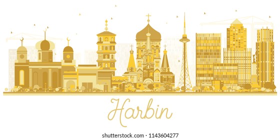 Harbin China City skyline golden silhouette. Vector illustration. Simple flat concept for tourism presentation, banner, placard or web site. Business travel concept. Harbin Cityscape with landmarks.
