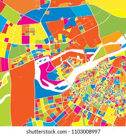 Harbin, China, colorful vector map.  White streets, railways and water. Bright colored landmark shapes. Art print pattern.