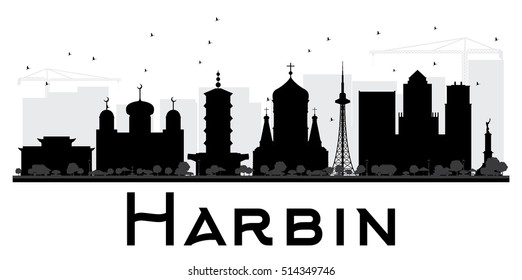 Harbin City skyline black and white silhouette. Vector illustration. Simple flat concept for tourism presentation, banner, placard or web site. Business travel concept. Cityscape with landmarks