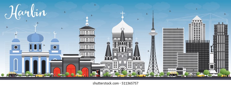 Harbin Skyline with Gray Buildings and Blue Sky. Vector Illustration. Business Travel and Tourism Concept with Historic Architecture. Image for Presentation Banner Placard and Web Site.