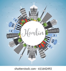 Harbin Skyline with Gray Buildings, Blue Sky and Copy Space. Vector Illustration. Business Travel and Tourism Concept with Historic Architecture. Image for Presentation Banner Placard and Web Site.